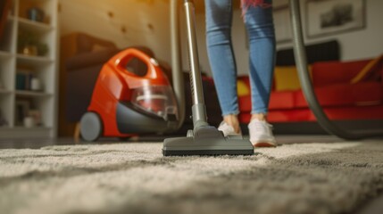 Fototapeta premium A woman is using a vacuum cleaner while cleaning the carpet in the house.