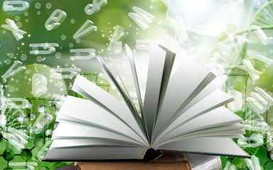 An open book symbolizing the source of knowledge. A book lying on a stack of books.