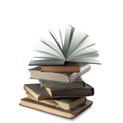 An open book symbolizing the source of knowledge. A book lying on a stack of books.