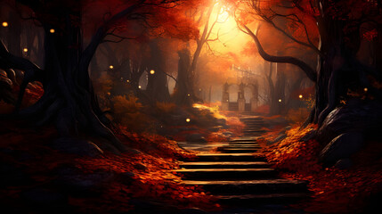 sunset in the forest 