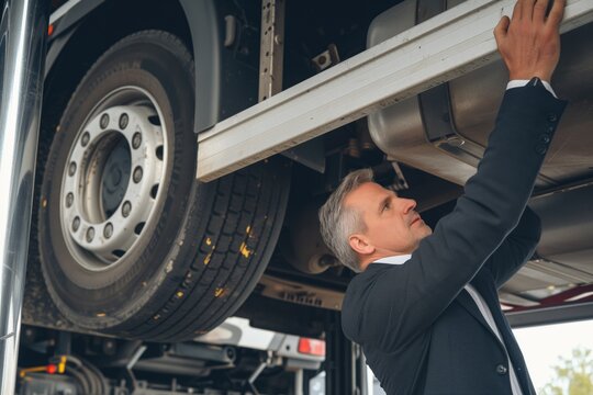 businessman inspecting a trucks undercarriage on a lift