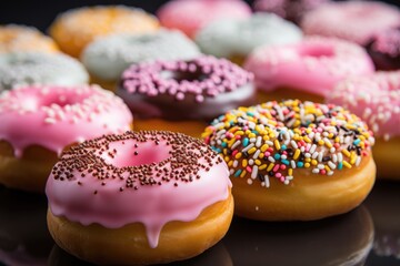 Pink and yellow donuts in a circle form on a white and textured background. View o, generative IA