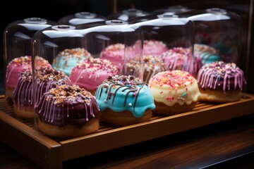 Colorful showcase donuts in dark wood backgroundgenerative, generative IA