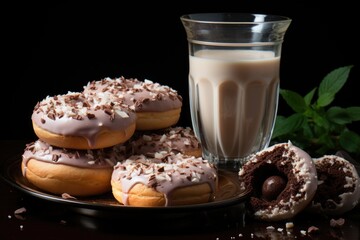 A delicious donut granulated chocolate on the glass of milk., generative IA