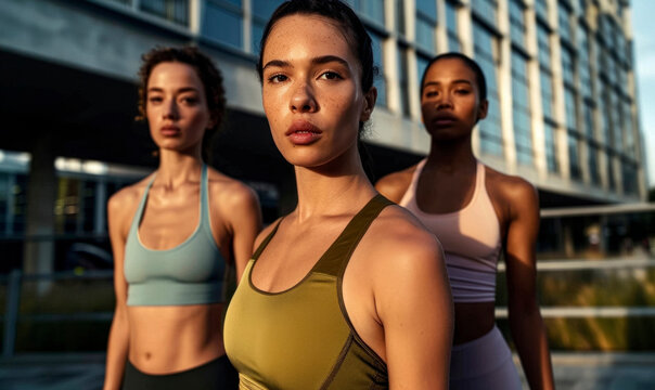 Self-assured sporty women friends, real people group in activewear before training on fitness workout