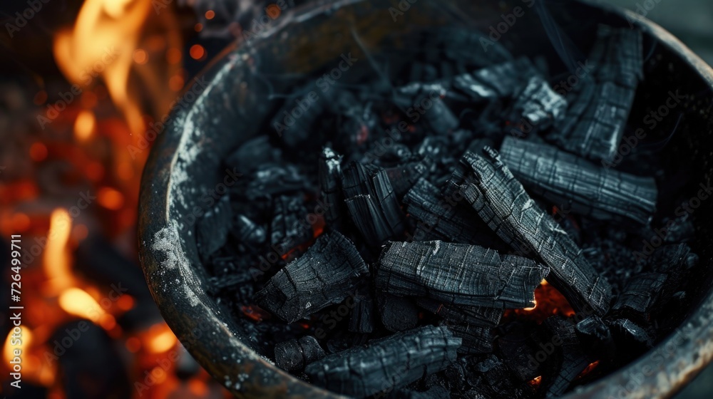 Aufkleber a close-up view of a bowl of charcoal placed next to a crackling fire. perfect for depicting warmth 