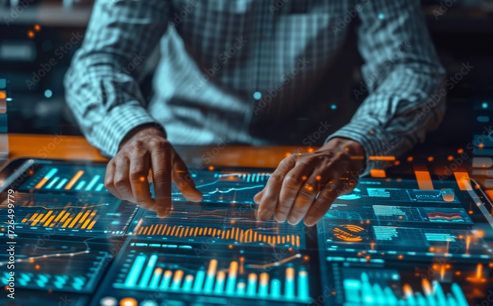 Poster man working with graph and charts at his computer