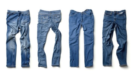Five pairs of blue jeans laid out on a white background. Suitable for fashion, clothing, or e-commerce themes