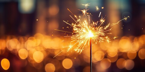 Fototapeta premium Light flame sparkle shine with bookeh cityu ligh background. Xmas New Year Night celebration