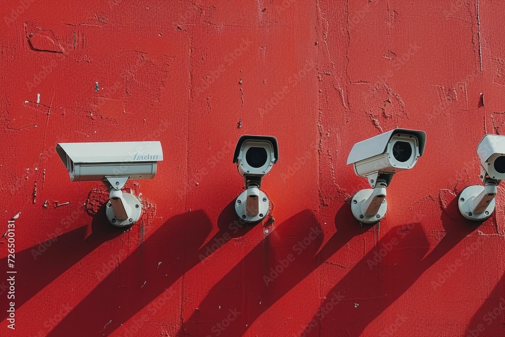 Poster surveillance cameras mounted on a red wall. ideal for security and surveillance concepts