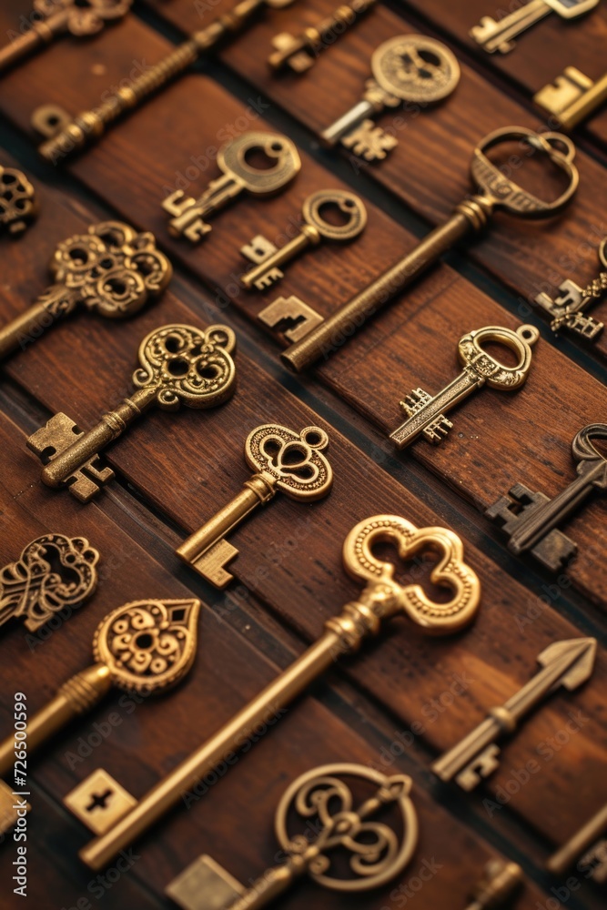 Poster a bunch of keys sitting on top of a wooden table. can be used to represent security, home, or access