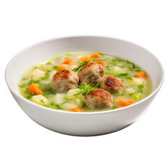 Fototapeta premium Clear broth with bacon dumplings in soup bowl on png background