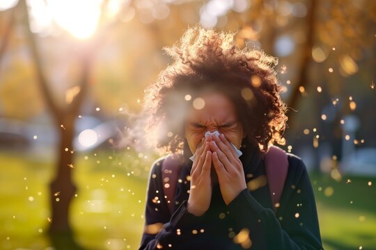person sneezing with visible pollen around them in the park