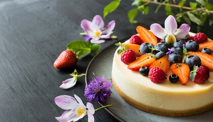 Obraz na płótnie Canvas Cheesecake decorated with fresh berries and flowers Sweet and tasty dessert. Delicious pastry