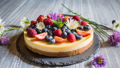 Cheesecake decorated with fresh berries and flowers Sweet and tasty dessert. Delicious pastry