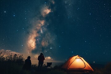 two people stargazing next to a tent