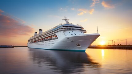 A large, white cruise ship stands near the pier at sunset, side view. Summer vacation, travel, adventure, hot tour. - obrazy, fototapety, plakaty
