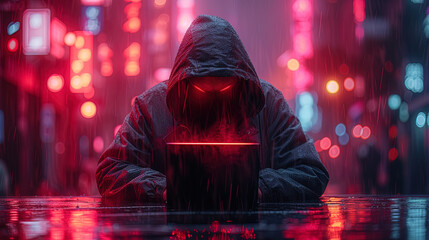 A hooded figure of cyborg with glowing red eyes works on a laptop, surrounded by an eerie glow of red lights. Dark, moody, and intensely dramatic scene in a cyberpunk style. - obrazy, fototapety, plakaty