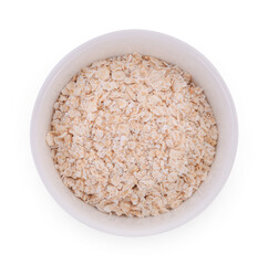 Dry rolled oatmeal in bowl Isolated on white background.