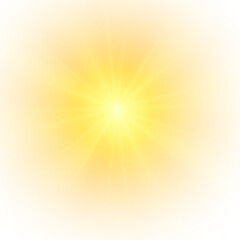 Yellow sun, sunbeam sunlight effect, light sun a flash, a soft glow without departing rays. Star flashed with sparkles isolated on white background. Vector splash.