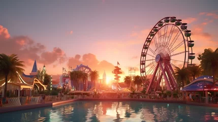 Deurstickers Amusement park in the sunset time. 3d rendering. © Ziyan Yang