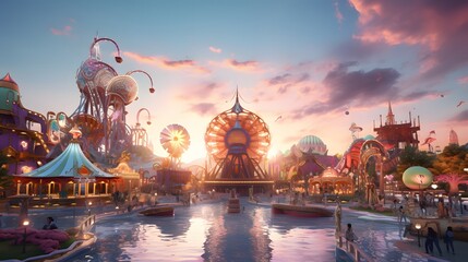 Amusement park in the sunset time. 3d rendering. - obrazy, fototapety, plakaty