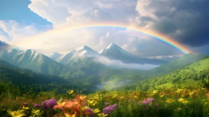 Foto auf Acrylglas Vinicunca landscape with rainbow on the mountains 