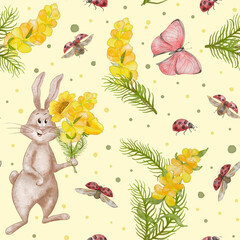 Seamless pattern with rabbit and flowers. Festive pattern with a bunny and a bouquet of flowers, butterflies and ladybugs. Bright yellow flowers and a cheerful rabbit.