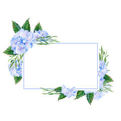 Watercolor Square frame of delicate blue hydrangea buds and leaves