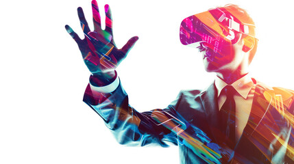 Metaverse technology concept. Man with VR virtual reality goggles. Futuristic lifestyle. Amazing technology, online game, entertainment, study and virtual world in 3D simulation