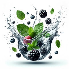 Clean water splash with mint leaves, blackberries and splatters in water wave isolated on white background
