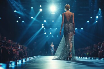 The back view of a woman wearing a luxurious evening gown is walking on stage. Beauty queen competition. Fashion show