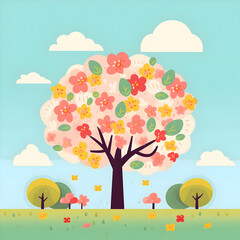 Flat illustration of a cute pink spring tree with flowers on a sunny day. High quality