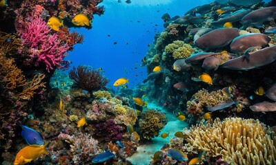 Fototapeta na wymiar Underwater scene. Coral reef, colorful fish groups and sunny sky shining through clean ocean water.