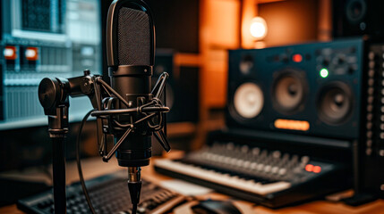 Close-up of a studio microphone setup with an audio mixer and monitors in the background of a sound...