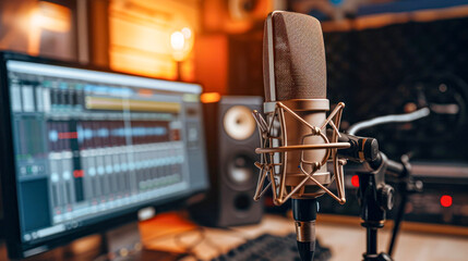 Close-up of a studio microphone setup with an audio mixer and monitors in the background of a sound recording studio. - obrazy, fototapety, plakaty