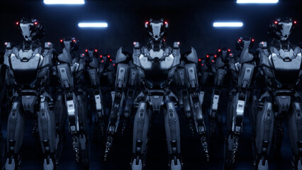 3d rendering of walking robotics army, industrial group of cyborg machines on white and green screen studio background.