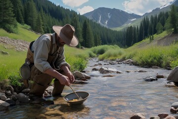 prospector panning for gold in a mountain stream - obrazy, fototapety, plakaty