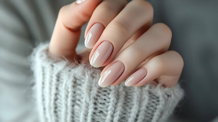 Close up of woman's hand with elegant neutral colors manicure. Cozy hand care. High-resolution