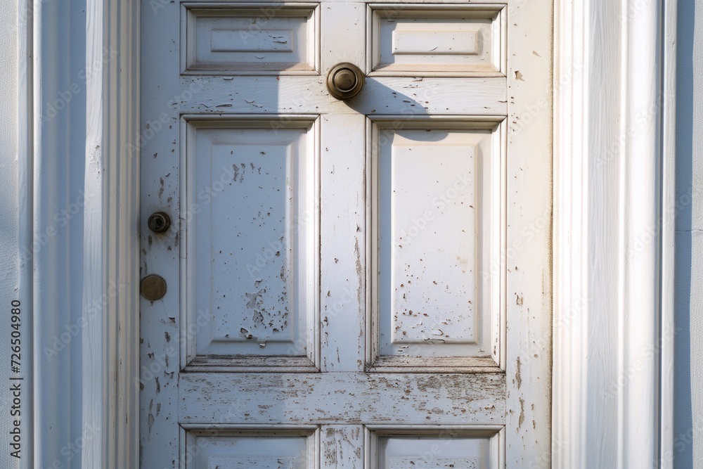 Poster a close-up view of a door handle on a white door. this image can be used to depict home security, in