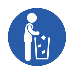 Isolated round blue sign throw trash in to waste recycle bin, graphic template for do not litter