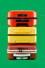 Stack of suitcases on a green background. Travel yellow, orange color, brown suitcase on a green background. Travel and vacation concept in triples. Trolley suits