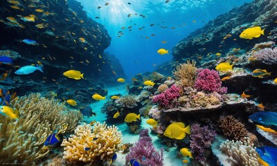 Fototapeta na wymiar Life in a coral reef. Rich colors of tropical fish. Animals of the underwater sea world. Ecosystem.