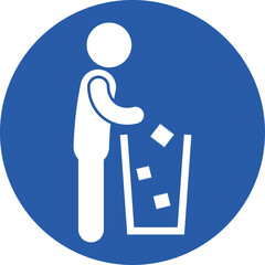 Isolated round blue sign throw trash in to waste recycle bin, graphic template for do not litter