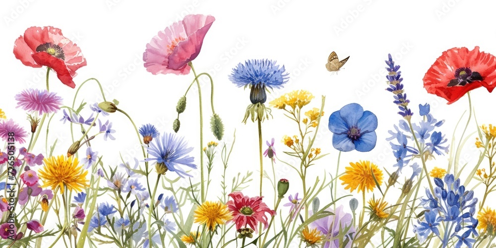 Poster a vibrant painting capturing the beauty of a field filled with colorful wildflowers and a delicate b