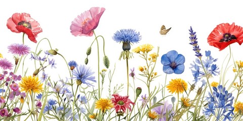 A vibrant painting capturing the beauty of a field filled with colorful wildflowers and a delicate butterfly. Perfect for adding a touch of nature to any space