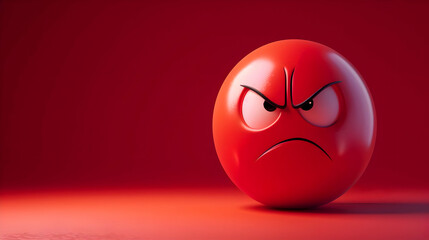Round 3d red angry emoji face on a red background. High-resolution