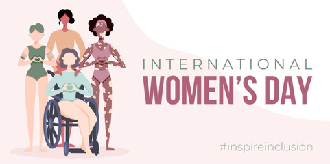International Women's Day banner, backround, poster. Inspire inclusion 2024 campiagn. Group of women of different ethnicity, age, body type, hair color vector illustration in flat style.	