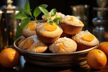 Delicious homemade orange muffins with fresh oranges., generative IA - obrazy, fototapety, plakaty