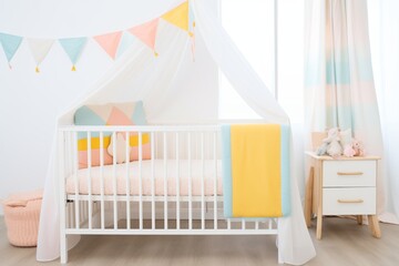 Fototapeta na wymiar soft, pastel baby bed linen kit on cot